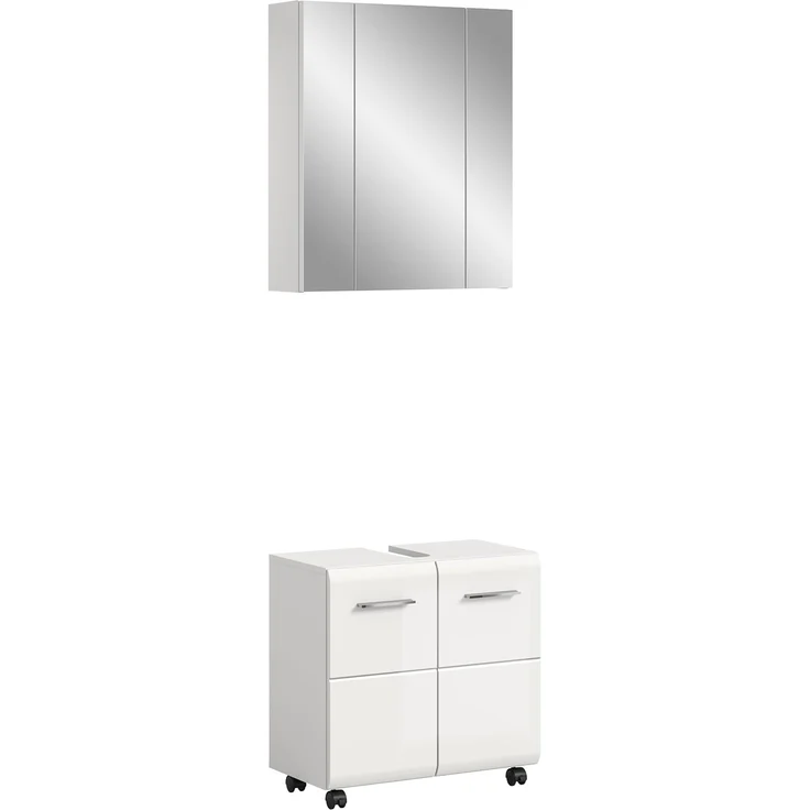 xonox. home – Badkombination Ice auf Rollen 60x185x30 cm in weiß Hochglanz – 2-teiliges Set inkl. Waschbeckenunterschrank auf Rollen & Spiegelschrank – Flexibel, modern & ideal für kompakte Badezimmer – Bild 1