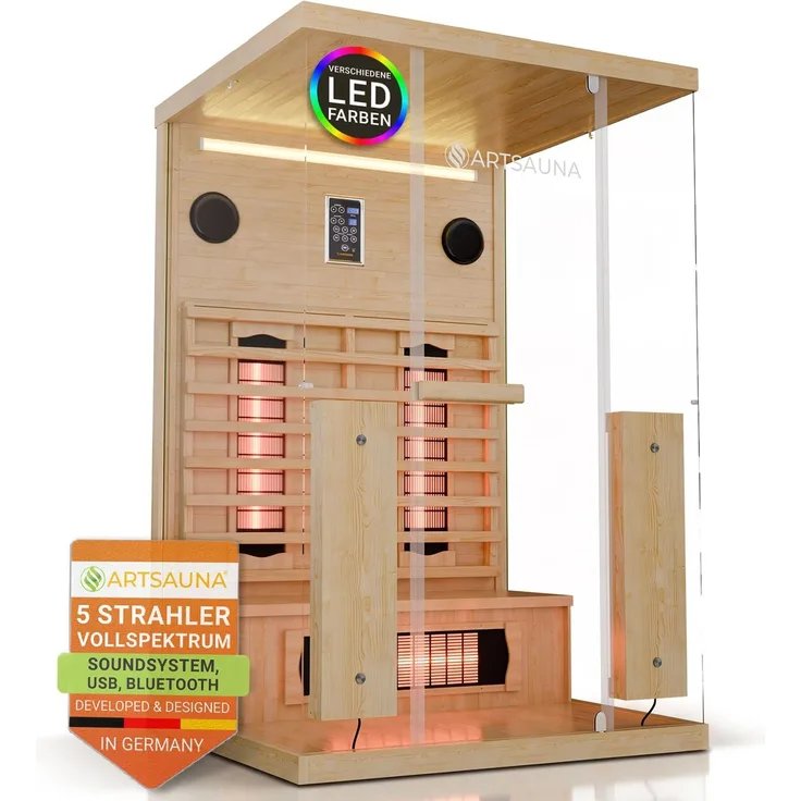 Artsauna Infrarotkabine Göteborg 120 – Natur, Wärmekabine mit Vollspektrumstrahlern, Hemlockholz & Sicherheitsglas, LED-Beleuchtung