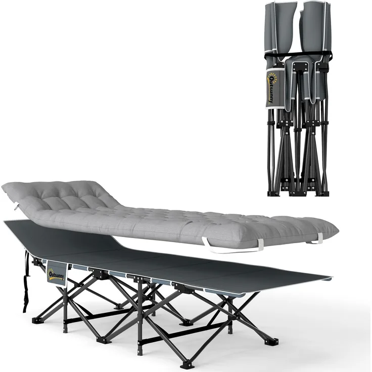 Feldbett faltbar Campingbett mit Matratze Kopfkissen Seitentasche 185 x 68 x 37 cm bis 150 kg Hellgrau--Hellgrau--37x68x185cm--YOUDENOVA