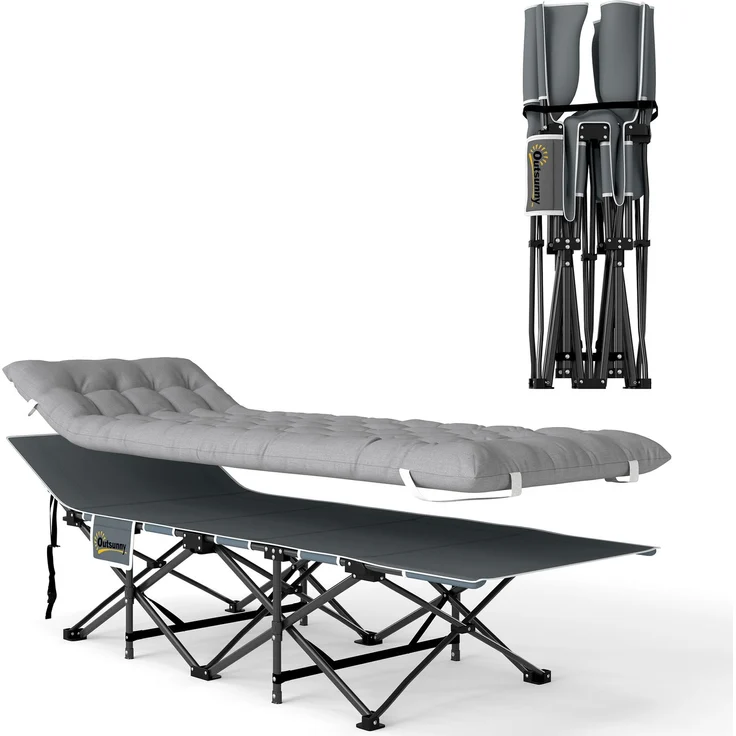 Feldbett faltbar Campingbett mit Matratze Kopfkissen Seitentasche 185 x 68 x 37 cm bis 150 kg Hellgrau--Hellgrau--37x68x185cm--YOUDENOVA – Bild 1