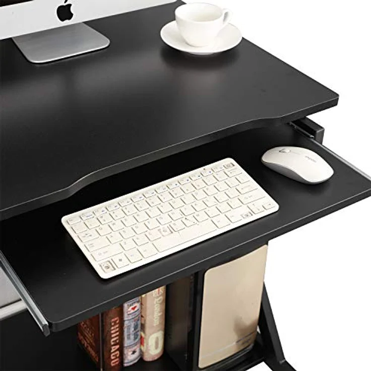 SogesHome Schreibtisch Klein Computertisch mit 4 Rollen 2 Davon mit Bremsen PC-Tisch in Z-Form mit Tastaturauszug für Zuhause und Büro, 60x48 cm – Bild 4