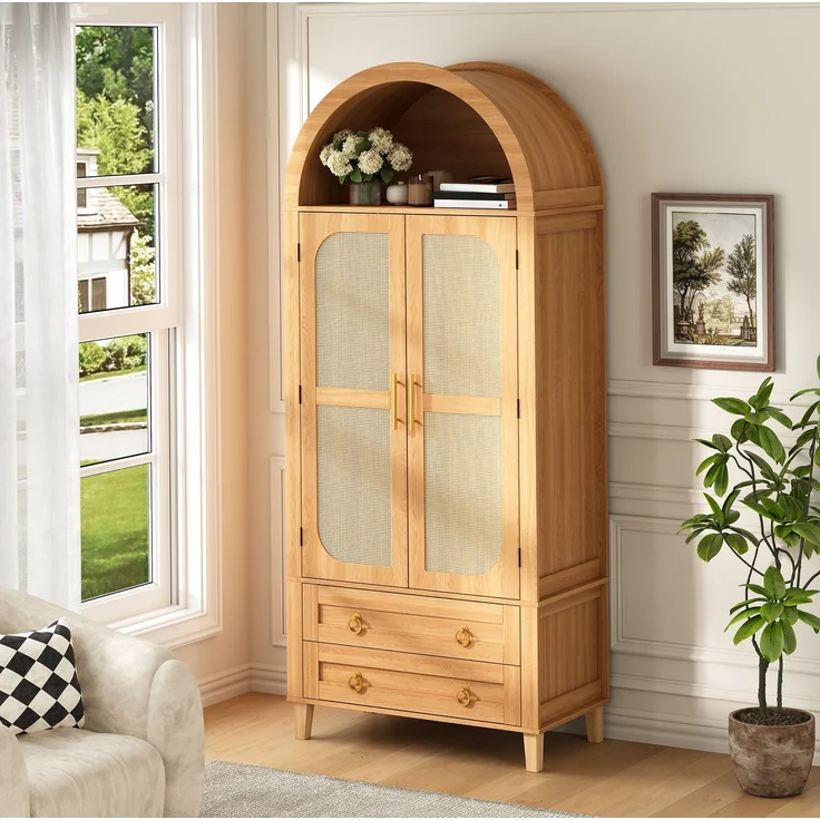 Hochschrank 76 x 40 x 179,5 cm in Natur mit Rattan-Dekor und App-gesteuerter LED-Beleuchtung – Bild 2