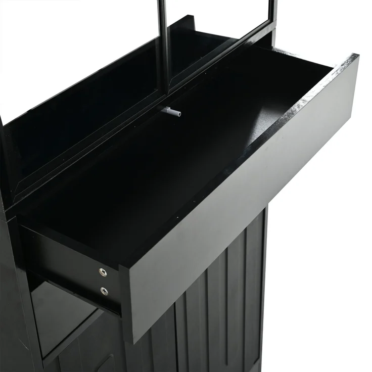 ZUBALIYA Hochschrank mit Glasschranktüren / Hochschrank Glasvitrine mit LED, mit küche und arbeitszimmer, 70 x 34 x 180 cm LED Display Vitrine Mit 2 Schubladen, Schwarz, fürs Wohnzimmer – Bild 14