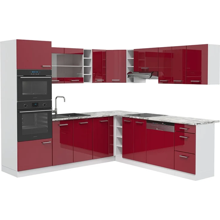 Eckküche R-Line Rot Hochglanz/Weiß 247 x 237 cm, AP Marmor Vicco – Bild 1