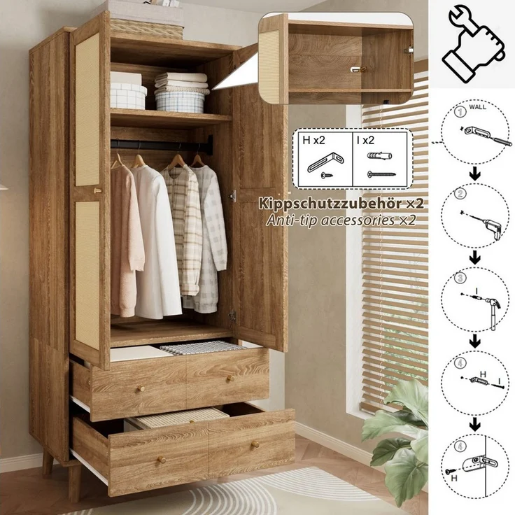 i@home Kleiderschrank Mehrzweckschrank,Garderobenschrank,mit Stauraum,80x50x180cm mit Rattan-Design,Kleiderstange,Ablagefächern,2 Schubladen,Braun – Bild 4
