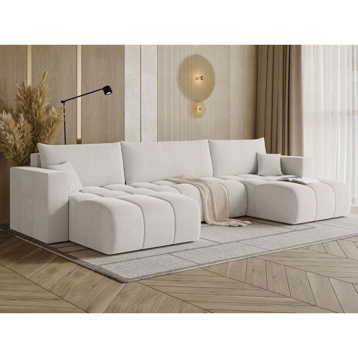 GRAINGOLD Ecksofa U-Form Neva U, Ecksofa mit Schlaffunktion, Bettkasten, mit losen Kissen, Velour-Stoff, Hellbeige – Bild 3