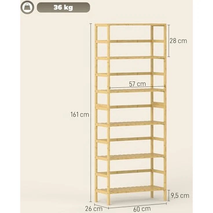 HOMCOM Standregal 6-Etagen-Design, 6-stöckiges Bücherregal 1-tlg, höhenverstellbare Regalböden, Naturholz – Bild 3