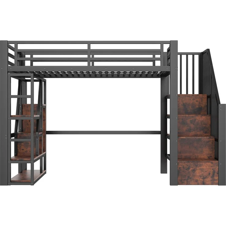 Hochbett mit RGB LED-Streifen und Regal, 90x200cm, Metallbett mit Rausfallschutz, Lattenrost und Treppe, Kinderbett – Bild 8