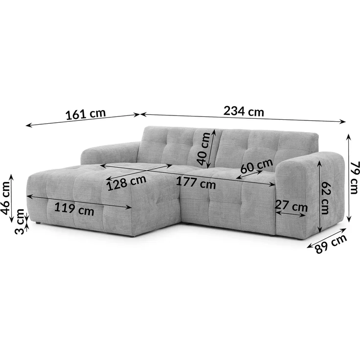 luma-home Modernes Ecksofa mit Ottomane links, markante Steppungen, Chenille in Hellgrau, 234 x 161 x 79cm – Bild 8