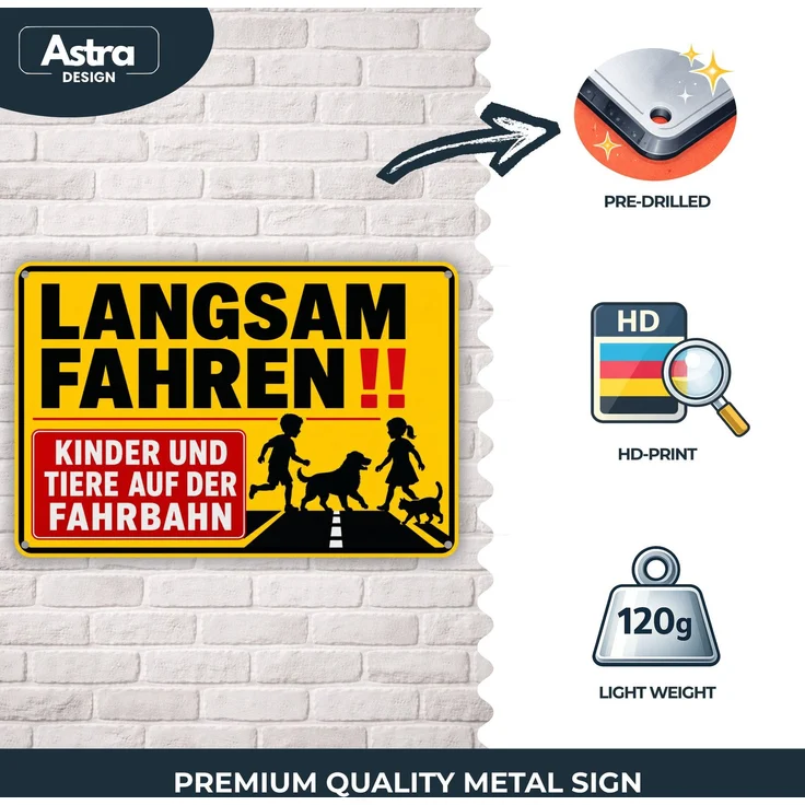 AstraDesign Blechschild 20x30cm - Langsam fahren Kinder und Tiere – Metall – Gelb – AD0499 – Bild 3