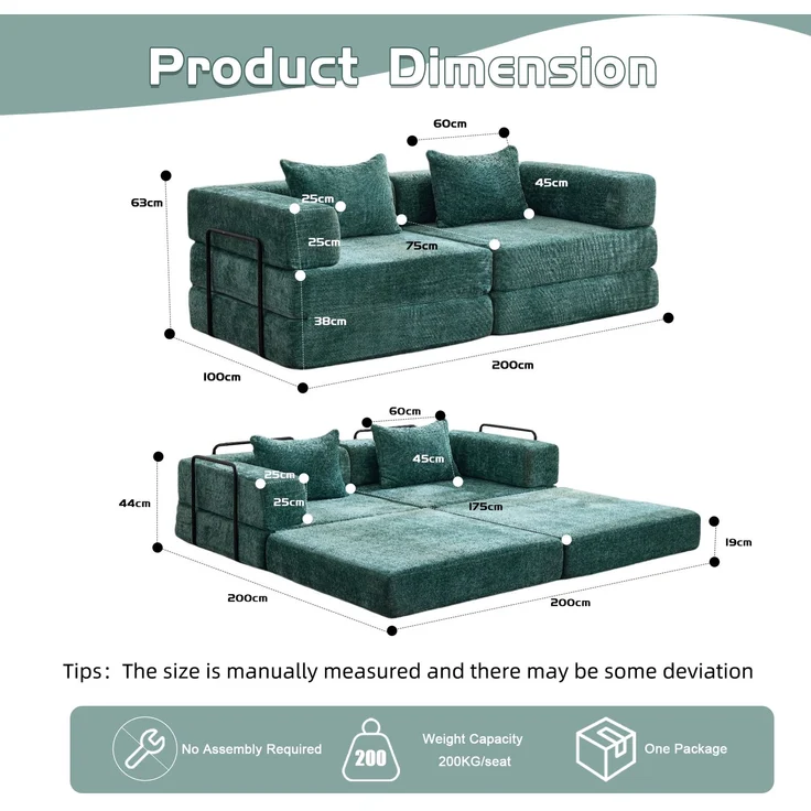 Schlafsofa aus Chenille, faltbar und modular, 100x200x63 cm, Dunkelgrün – Bild 3