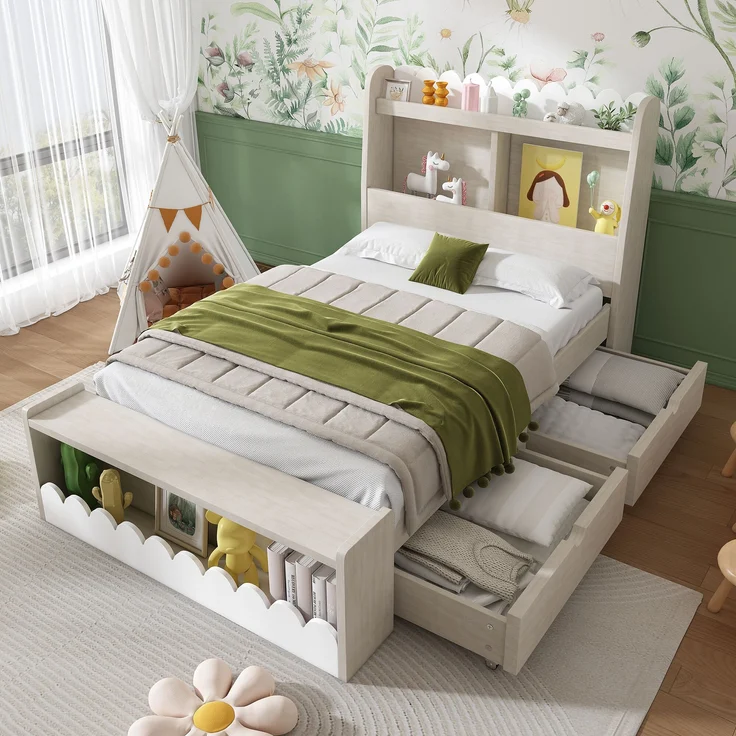 Kinderbett Massivholz/MDF mit 2 Schubladen & Regal, 240x98x100 cm, Weiß/Eichefarben, ohne Matratze – Bild 4
