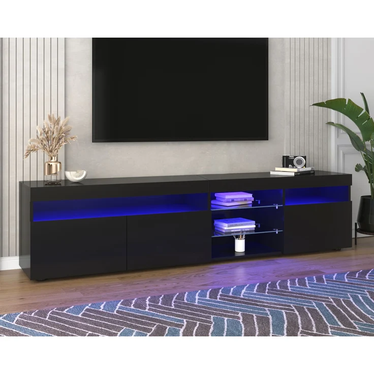 TV-Schrank, MDF mit Hochglanzfront & LED-Beleuchtung, 180x35x48 cm, Schwarz – Bild 7