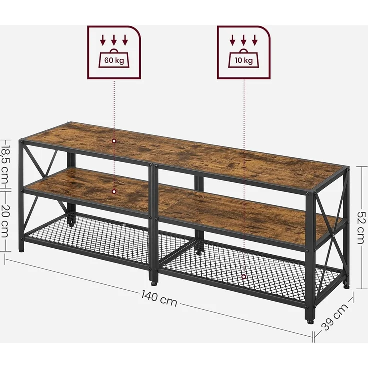 TV-Ständer für Fernseher bis 60 Zoll, TV-Tisch, Entertainment-Center, 3-stufige TV-Konsole, Stahlrahmen, Industriestil, – Bild 6