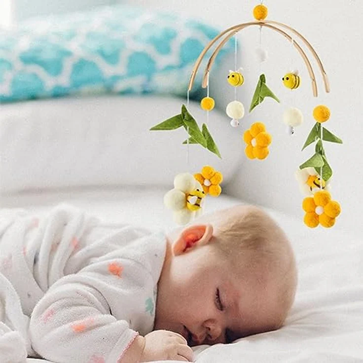 Herfair Mobile Baby Windspiele mit Filzbällen - Frische Blumen und Bienen, Kinderzimmer Hängende Bettglocke, für Babybett Wickeltisch Deko (Gelb) – Bild 4