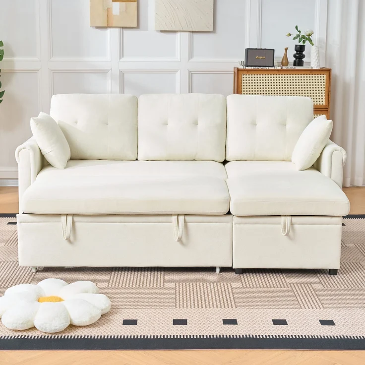 Ecksofa Schlafsofa, mit Bettkasten Schlaffunktion Stauraum beidseitig montierbar L-Form für Wohnzimmer oder Gästezimmer, Samt, Beige, — – Bild 6
