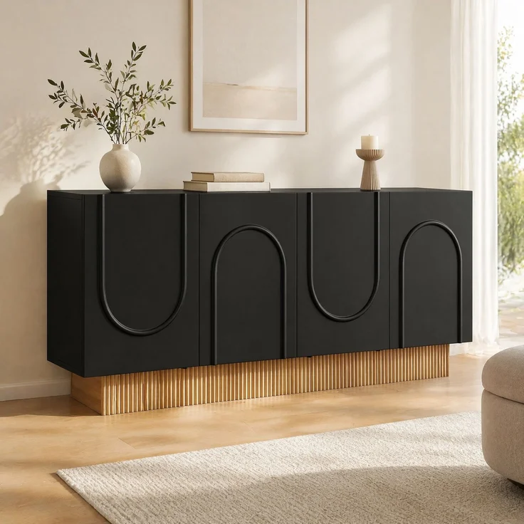 DESVIAE Sideboard mit 4 Türen und U-Relief 160x75x38 cm Spanplatte Schwarz-Holzoptik – Bild 1