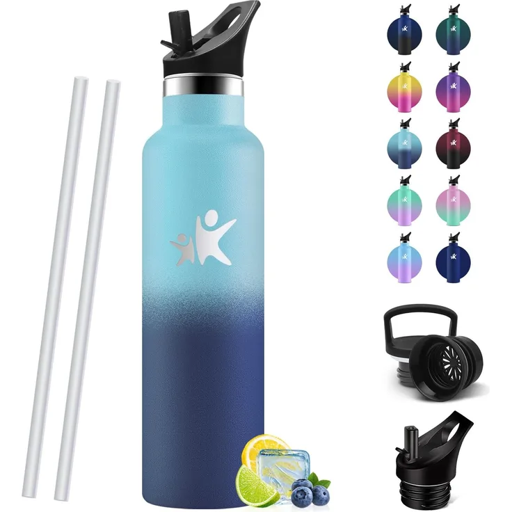 HoneyHolly Trinkflasche 750ML, BPA-Frei, Trinkflasche Edelstahl, Auslaufsichere Isolierflasche Doppelwandig, Wasserflasche, mit Strohhalm, 18/8 Edelstahl, Thermosflasche-Seegrün Hellviolett