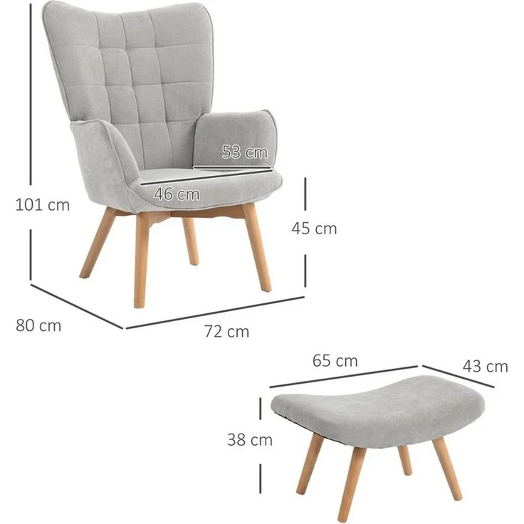 HOMCOM Relaxsessel Ohrensessel mit Hocker, Polstersessel in Cord-Optik (Loungesessel, 2-St, Armlehnstuhl), für Wohnzimmer, Grau – Bild 2