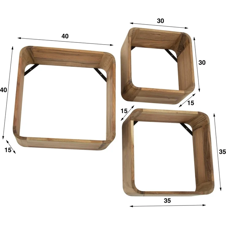 Wandregal 3er-Set Akazienholz massiv, modern quadratisch, Natur, einzigartiges Design – Bild 3