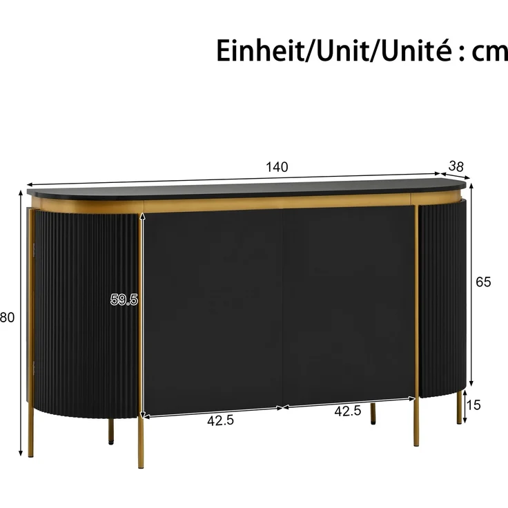 ZUBALIYA Sideboard 140x38x80 cm, mit 4 Türen, aus MDF, Schwarz – Bild 4