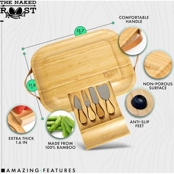 hausleben Käsebrett Bambus-Käsebrett und Messer-Set – Holz-Charcuterie-Brett mit, (1-St), Ledergriffen und herausziehbarer Schublade – Bild 2