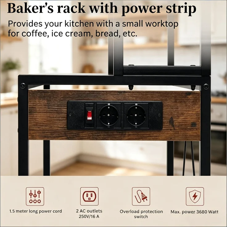 Coffee Bar Station,Küchenregal mit Steckdosen,Küchenkomode,Mini Küche Arbeitsstation,Display-Regal--Rustikales Braun--40x60x167cm--YOUDENOVA – Bild 6