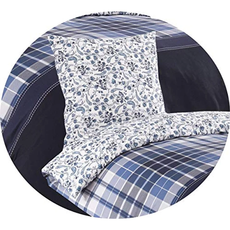 Buymax Bettwäsche Wende-Bettwäsche, Pablo, Renforce: 100% Baumwolle, 3 teilig, 200x200 cm, Bettbezug-Set, mit Reißverschluss, Blumen, Karo, Weiß Blau – Bild 5