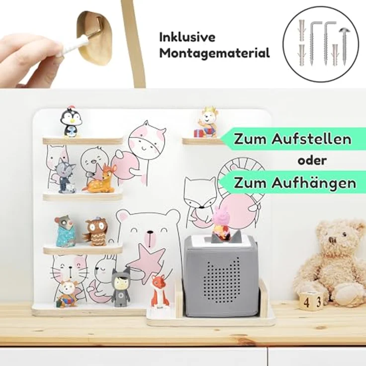 stadtecken Holzregal für Musikbox I passend für die Toniebox und ca. 35 Tonies I Perfekte Aufbewahrung im Kinderzimmer I zum Aufstellen oder Aufhängen (Tiere) – Bild 6