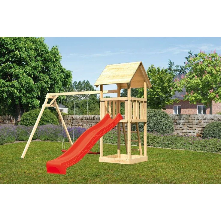 Karibu Kinderspielturm Lotti Satteldach Set naturbelassen mit Doppelschaukel ECO und Rutsche rot – Bild 1