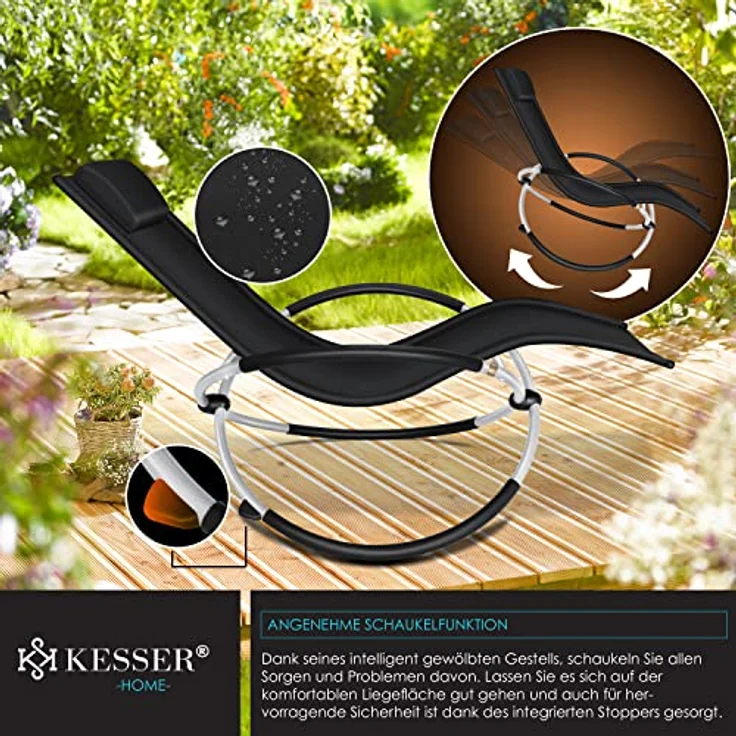 KESSER® Relaxliege Liegestuhl | Gartenliege Sonnenliege | Gartenstuhl | Klappstuhl faltbar | Schwungliege | Schaukelsessel | ergonomische Relaxsessel | wetterfest | 180 kg Belastung Schwarz – Bild 6