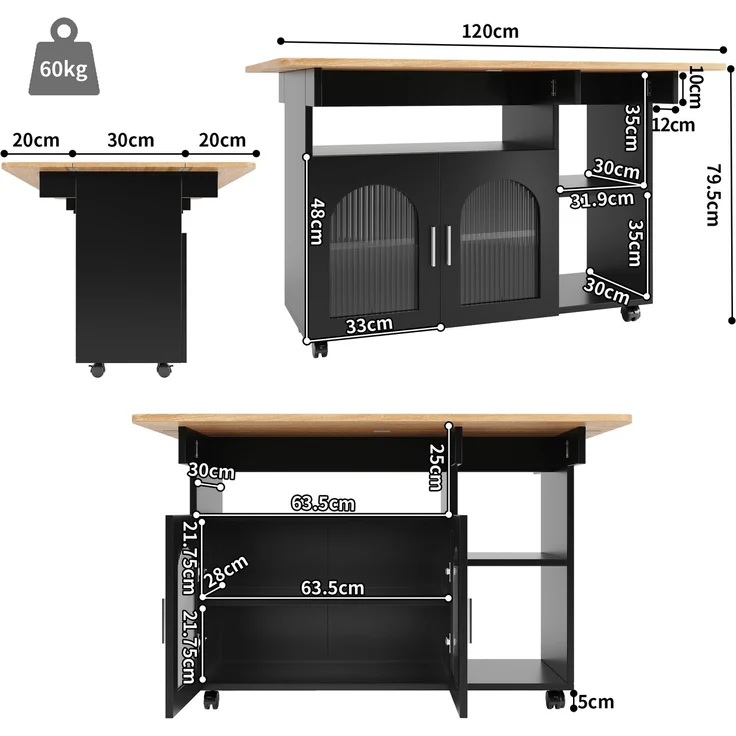 Kücheninsel,Modernes Küchensiland, Küchenschrank, Abnehmbare Servierwagen buffetschrank, Speisewagen mit Holzmaserung, buffetschrank, Multifunktionale Esstisch mit Speicherraum, Schwarz – Bild 5