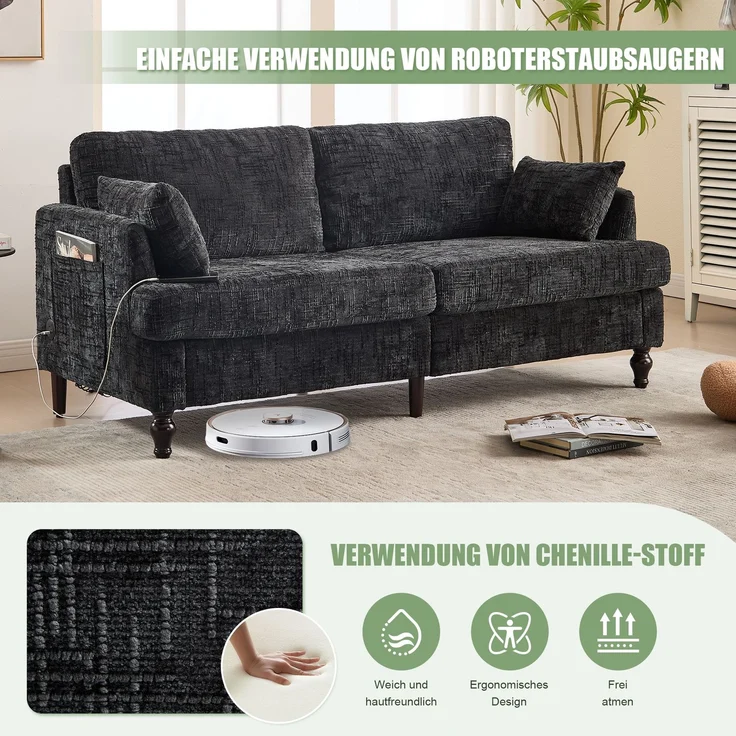 2-sitziges Chenille-Sofa mit USB-Ladeanschluss, LED-Licht und Aufbewahrungstasche in Schwarz – Bild 7