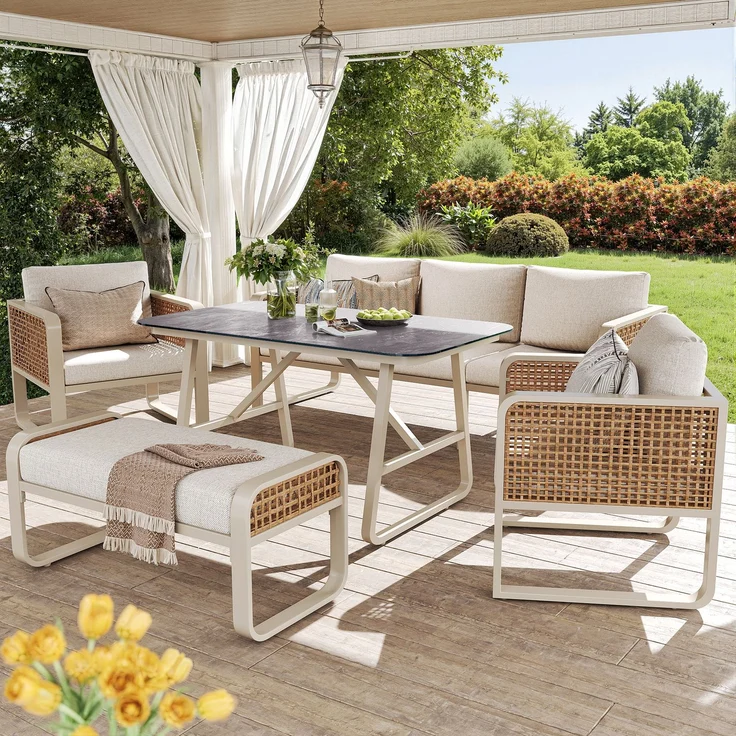Merax Gartenlounge-Set für 6-7 Personen, PE-Rattan Sitzgruppe inkl. Beistelltisch, Gartensofa mit waschbaren Kissen, Beige – Bild 7
