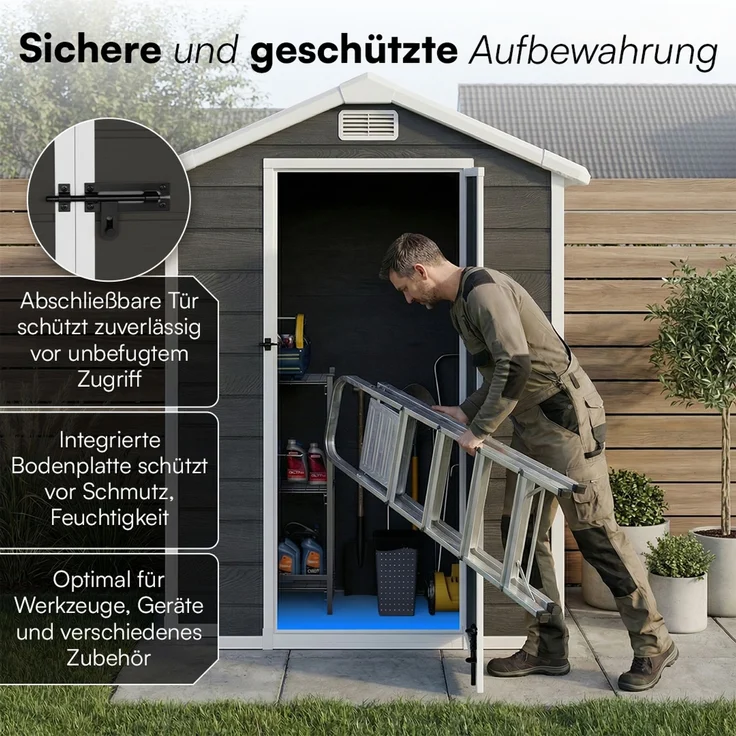STEELSØN 'Novara' Gerätehaus Satteldach, Kunststoff, dunkelgrau mit Holzoptik, wetterfest, 202x103x134 cm, abschließbar, Gartenhaus mit Fenster – Bild 6