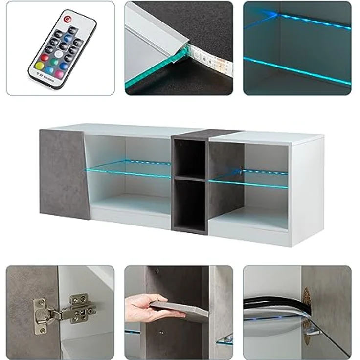 Mondeer TV Schrank, LED TV Lowboard Fernsehtisch mit 5 offenen Fächern und 1 Tür Geeignet, für Wohnzimmer Schlafzimmer, B140 x H45 x T37,5 cm, Weiß und Grau – Bild 5