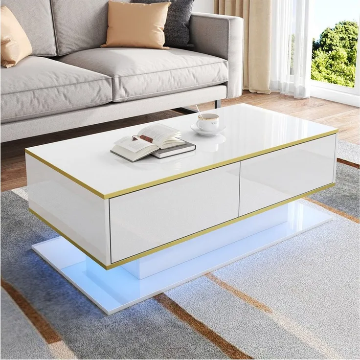 Merax Couchtisch hochglanz Sofatisch Beistelltisch mit LED-Beleuchtung (1-St), Wohnzimmertisch mit 3 Schubladen, Stauraum & Goldakzenten, 100 x 50 x 40 cm