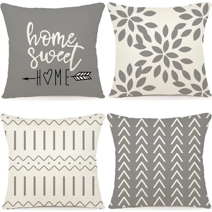 Kissenbezüge 45 × 45 cm 4er-Set Grau Geometrisch, Outdoor Leinen, Couch Bett Auto Dekokissen