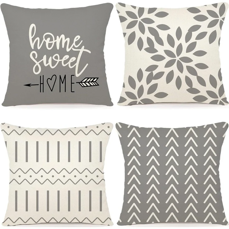 Kissenbezüge 45 × 45 cm 4er-Set Grau Geometrisch, Outdoor Leinen, Couch Bett Auto Dekokissen – Bild 1