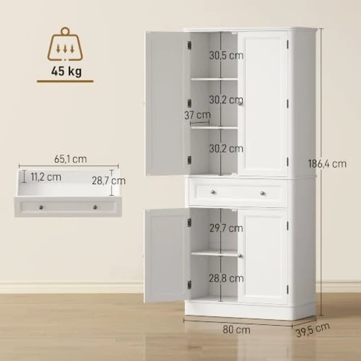 HOMCOM Hochschrank Buffetschrank mit 4 Türen, Schublade, verstellbaren Einlegeböden (Küchenschrank, 1-St, Vorratsschrank) für Küche, Esszimmer, Wohnzimmer Weiß, 80 x 39,5 x 186,4 cm – Bild 3