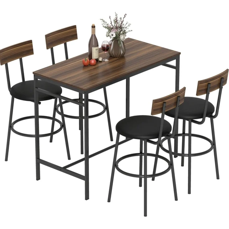 Bartisch-Set 110 x 55 x 90 cm mit 4 Barhockern – platzsparend, braune Holzoptik und schwarzer Stahlrahmen – Bild 6