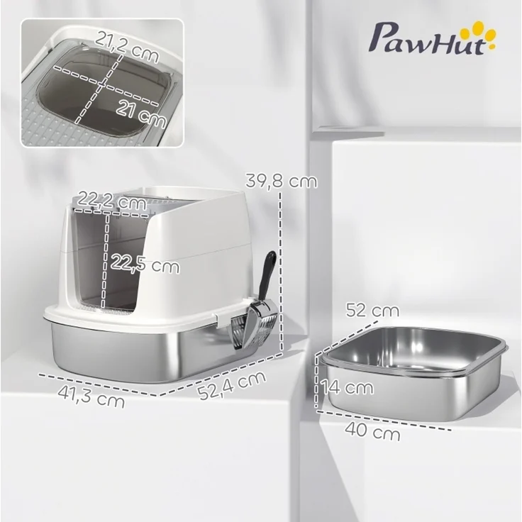 Geschlossene Katzentoilette aus Edelstahl mit Zwei-Wege-Zugang, 52,4x41,3x39,8 cm, Weiß – Bild 2