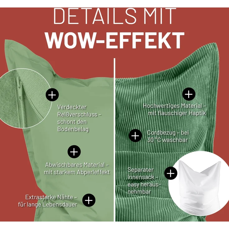 Lumaland Sitzsack Classic XXL All-in-One Set | Riesen Sitzsack XXL mit Cord & Outdoor Bezug für drinnen & draußen | Sofa Sessel mit im Innensack sicher verpackter EPS-Füllung – Hüllen Easy wechselbar – Bild 7