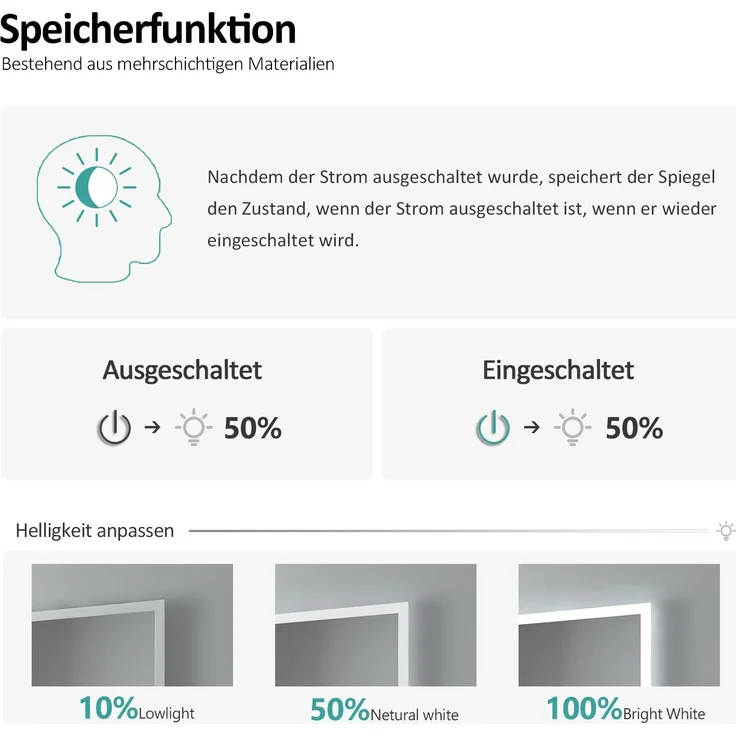 EMKE LED Badspiegel mit Beleuchtung Touch Dimmbar Touch Rund Lichtspiegel ф50cm 6500K Speicherfunktion Wandspiegel – Bild 3
