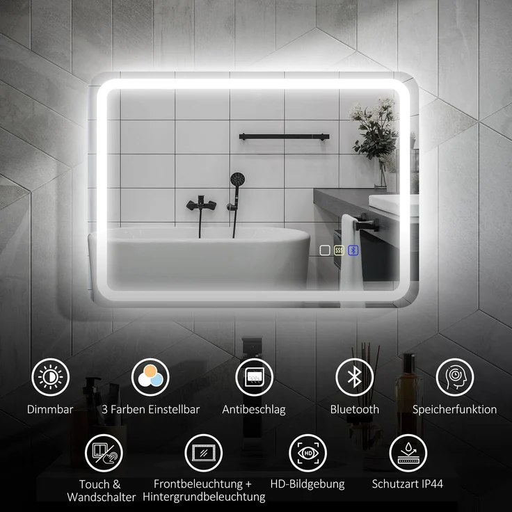 MELAYR, Badezimmerspiegel mit LED-Beleuchtung, Anti-Beschlags-Pad, 3 verstellbare Farben, 70 x 50 x 3.5 cm, Silber – Bild 6