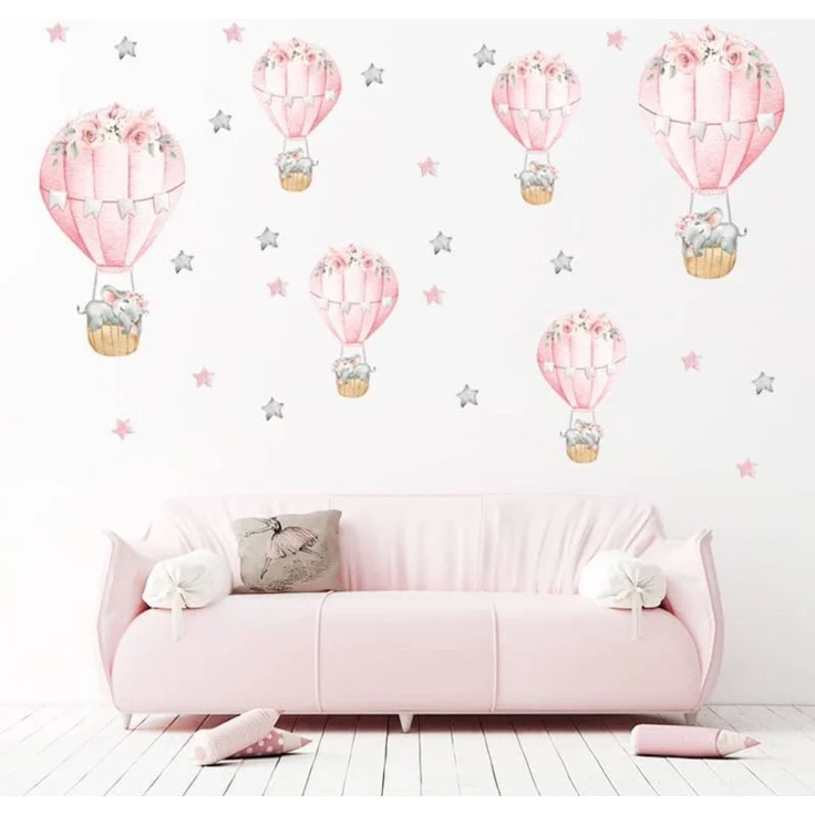 Montegoni Wandsticker 30 x 90 cm Rosa schlafender Babyelefant mit Heißluftballon, Abziehbare Wandsticker mit süßem Design, leicht anzubringen – Bild 3