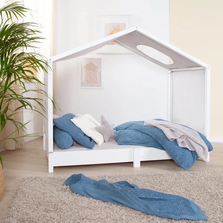 roba Bezug für Montessori Hausbetten 70 x 140 cm - Passendes Zubehör zum Umbau in Himmelbett - Inkl. 3 Aufbewahrungstaschen & Dachfenster - Hellgrau – Bild 5