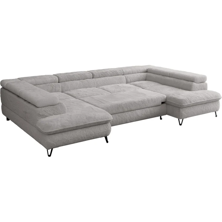 Ecksofa U-Form, mit Bettkasten, Bettfunktion und Einstellbare Kopfstützen, Sofa big XXL - PETER U - Hellgrau Plüsch – Bild 5