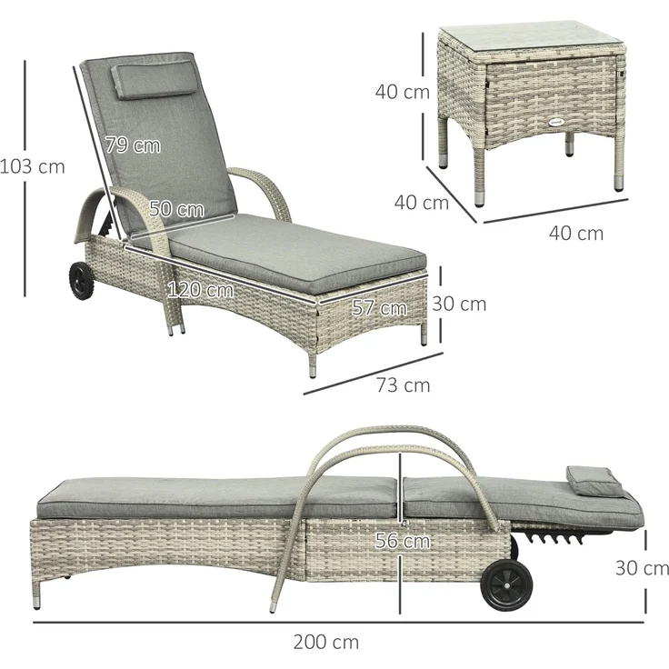 Outsunny Gartenliege Tisch 3er-Set Gartenmöbel, Polyrattan+Metall Grau, Liege, 3 St, Sonnenliege, Modern, Stabil, Praktisch, Witterungsbeständig – Bild 7