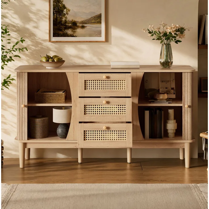 DESVIAE Sideboard Natur aus MDF – 141x77x40 cm – 3 Rattanschubladen, Schiebetüren